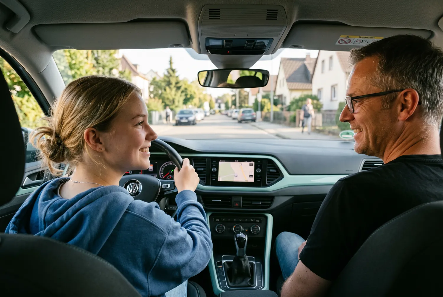 Fahrstunde bei Dom Drive – Fahrschülerin am Steuer mit Fahrlehrer auf der Straße in Verden