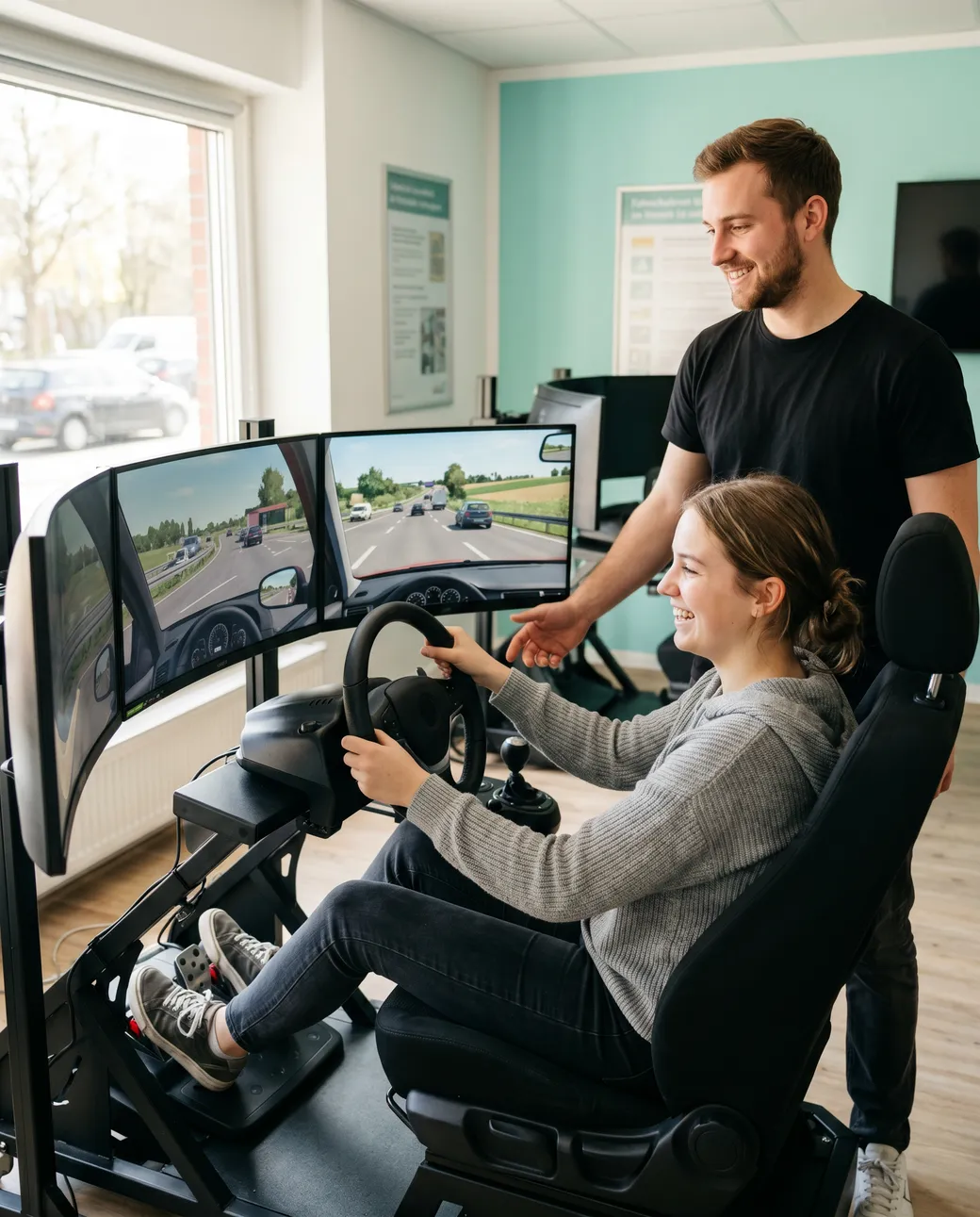 Fahrschülerin am Fahrsimulator mit Fahrlehrer – FUN LEARN bei Dom Drive