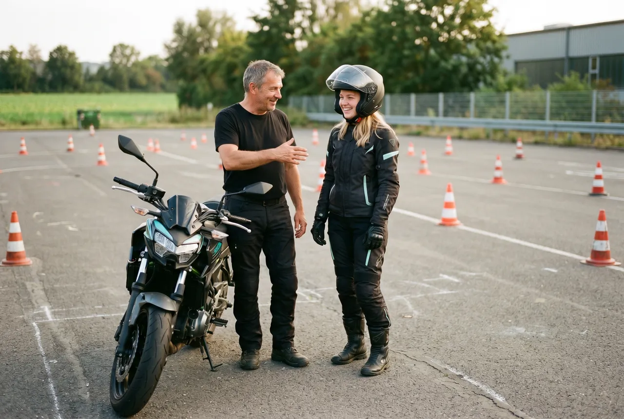 Motorrad-Fahrschülerin mit Fahrlehrer auf dem Übungsplatz